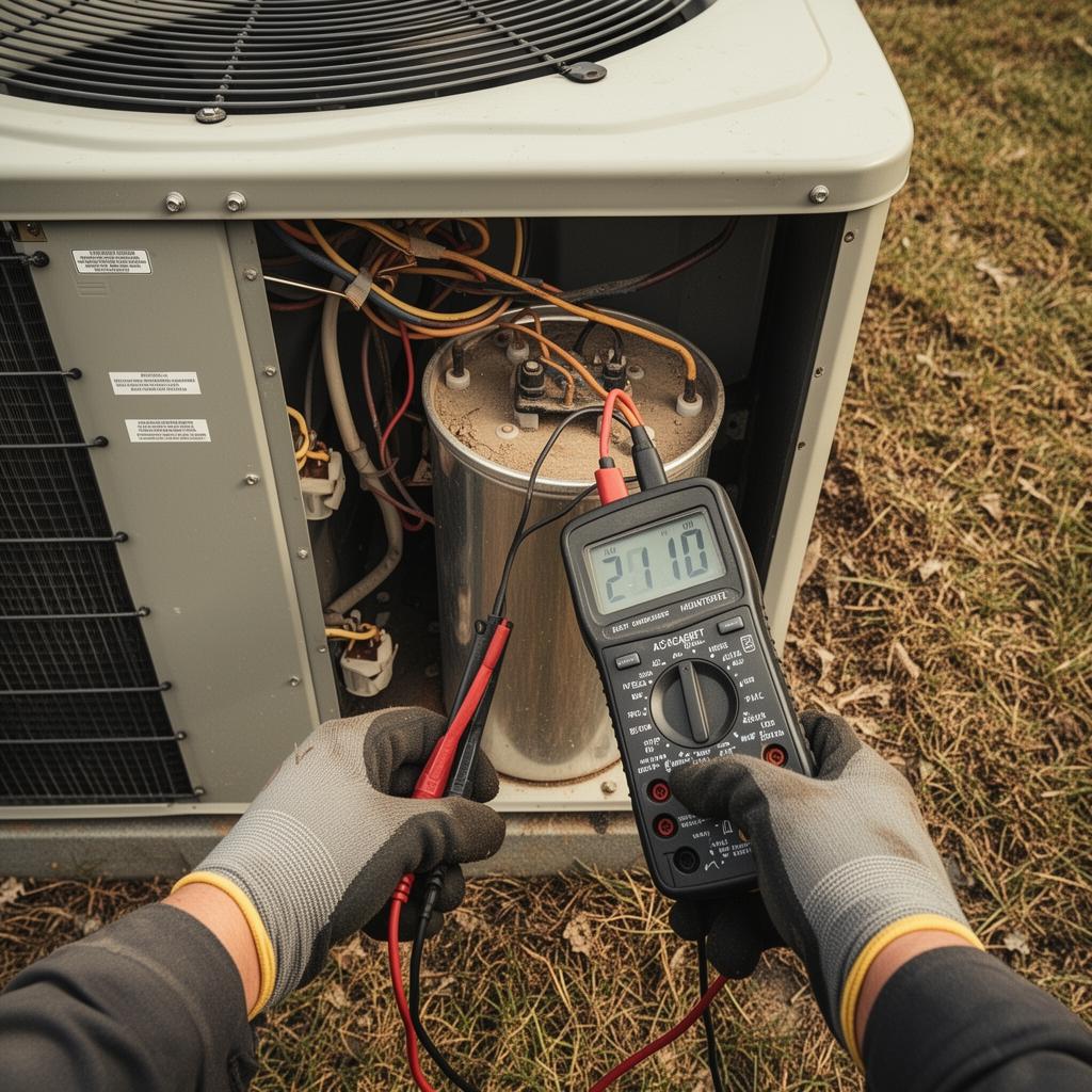 Technician testing AC capacitor with multimeter during Castle Rock CO repair